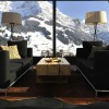 Dazzling Hotel Interior In Switzerland Reveals Spectacular Mountain Views: Two Modern Sofa With Black Colors And Pillows With Attractive Wooden Table In Contemporary Home Living Room With Two Floor Lamps And Montain Views From Large Glass Walls