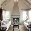 Admirable High Ceiling Ideas for Living Room: Awesome Interior Design Ideas For Living Room With High Ceiling And Ceiling Fan Plus 2 Clean White Sofas And Fireplace Mantel As Well As White Curtains With Tiebacks