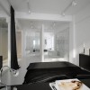 White and Black Details For Amazing Home Interior Design: Contemporary Bedroom Design Beside Modern Bathroom With Black And White Interiors Such As Black Curtains And Black Sideboard With White Walls And LED Track Lighting