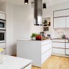 Having Fun Cooking In Bewitching Scandinavian Kitchen Designs: Double Wall Oven Cabinet And LED Ceiling Lights For White Kitchen Design Added With Wooden Flooring Plus White Kitchen Cabinets And Small Kitchen Island