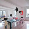 Splendid Condo Loft with Colorful Interior Decorations: Colorful Dining Room Design With Acrylic Dining Chairs Combined With Black White Dining Chairs As Well As Wonderful Dining Table And Unique Black Pendant Light