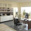 Idyllic Office Designs with Bright Interior Ideas: Office Design Ideas For Home Adorned With Beige Wall And White Sideboard Plus Wall Shelves With Stupendous Office Desk And Extraordinary Swivel Chairs
