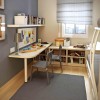 Charming Storage Ideas Adorning Kids’ Bedroom Design: Captivating Simple Gray Chairs In A Corner Home Office With Wall Mounted Desk And Open Shelf Near The Bunk Beds In A Minimalist Gray And Beige Tone Bedroom