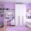 Charming Storage Ideas Adorning Kids’ Bedroom Design: Cute Bedroom In Soft Purple With Dab Of White Tone At The Ceiling And Furnishing Such As The Minimalist Cupboard Corner Desk Bed And Open Shelves With Sleek Wood