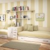 Lovely Interior Decorating Ideas of Girls’ Bedroom in Attractive Themes: Enchanting Girl's Bedroom Interior Design In Vertical Striped Of White And Beige Tone Completed With Versatile Wall Mounted Shelving And Small Table With Drawers