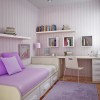 Charming Storage Ideas Adorning Kids’ Bedroom Design: Fascinating Light Purple Bedroom With A Neat Home Office Equipped With Wall Mounted Wooden Shelves And A Bed With Soft White And Purple Bedcover And Cushions