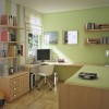 Lovely Interior Decorating Ideas of Girls’ Bedroom in Attractive Themes: Stunning Contermporary Home Office With Mounted Corner Desk In A Minimalist Girls Bedroom In Soft Tones Of White And Green With Wall Mounted Wooden Open Shelves