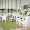 Charming Storage Ideas Adorning Kids’ Bedroom Design: Sweet Bedroom With Vertical Striped Wall In Soft Tones Combined With Pristine White Walls With Versatile Wall Mounted Open Shelves And Lengthy White Wooden Desk