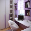 Charming Storage Ideas Adorning Kids’ Bedroom Design: Sweet Purple Home Office With White Floating Desk Near The Window Coupled With Stylish White Glossy Swivel Chairs And Chic Wall Mounted Shelves In Bold Purple Walls