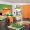 Impressive Boys Room Designs With Perky Decorations: Green Orange Bedroom Decors For Boys Embellished With Modern Orange Wardrobe And Fascinating Bed With Green Pillows With Orange Wall Shelves And Simple Study Area Design