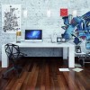 Surprising Work Space With Artistic Designs In Home Interior: Delightful House Workspace Design Embellish Impressive Interior House Furnished With Cool Wall Art Ideas And Contemporary Swivel Chair With White Desk And Wood Laminate Flooring