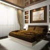 Wonderful Bedroom Designs With Classy And Luxurious Style: The Floating Bed Adorn Luxurious Bedroom Interior Designs With Brown Bedding And Awesome Unique Table Lamps And Striped Curtains With Tie Backs With Magnificent White Rug