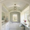 Enchanting Bathroom Design High Quality and Value to Your Home Décor: Remarkable Bathroom With The Beautiful Floral Wallpaper In Soft Tone With Pretty Powder Space And A Comfy Bathtub At The End Of The Lengthy Narrow Bath Space With Sufficient Windows
