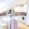 Having Fun Cooking In Bewitching Scandinavian Kitchen Designs: LED Track Lighting And Sloping Window For Small Kitchen Design With White Round Table And Chairs Added With Awesome Kitchen Backsplash