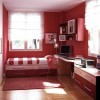 Impressive Boys Room Designs With Perky Decorations: Awesome Red Bedroom Ideas Equipped With Bed Frame With Drawers And Wall Shelving With Study Area As Well As Enticing Red Square Rug