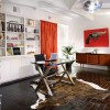 Stunning Home Office Ideas With Luxury Design: Captivating Home Office Design With White Wall Shelves And Modern Black Swivel Chair With Wood Sideboard And Red Curtain As Well As Black Floor Tiles