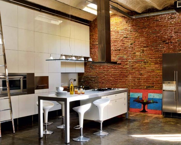 Appealing Floor Designs To Adorn Chic Home Interiors: Concrete Floor Design Ideas For Modern Kitchen With Brick Wall ~ Indiepublic.com