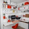 Surprising Work Space With Artistic Designs in Home Interior: Dazzling Home Workspace Design Adorn Idyllic Interior Home Equipped With Red Chair And White Wall Shelves