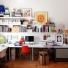Surprising Work Space With Artistic Designs in Home Interior: Enchanting Interior Design Workspace Embellish Interesting House Decor Furnished With L Shaped Desk And White Wall Shelves With Modern Red Chair