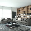 Inserting Clever Interior Ideas into Delightful Living Room Designs: Grey Sofa Armchairs And Storage Coffee Table With Wooden Bookshelves And Beautiful Area Rugs For Modern Living Room