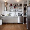 Having Fun Cooking In Bewitching Scandinavian Kitchen Designs: Home Decor Kitchen With Laminate Wood Flooring And Wall Shelves With Glass Window