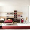 Idyllic Boys Room Designs With Modern Details: Red Bedroom Designs For Boys With Red Rug And Fascinating Wall Shelves With White Flooring