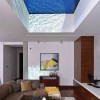 Admirable High Ceiling Ideas For Living Room: Spectacular Ceiling Design For Modern Living Room Enlivened With Shag Rugs And Modern Coffee Table As Well As Brown Leather Sectional Sofa