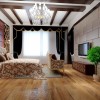 Appealing Floor Designs to Adorn Chic Home Interiors: Wood Flooring Design For Luxurious Bedroom With Sofa And Flat Screen TV On The Wall With Plant
