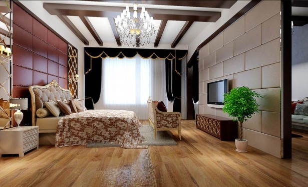 Appealing Floor Designs To Adorn Chic Home Interiors: Wood Flooring Design For Luxurious Bedroom With Sofa And Flat Screen TV On The Wall With Plant ~ Indiepublic.com