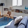 Fabulous Living Room Designs With Inspiring Ideas: Wooden Chair And Modern Sofa With Black Floor Lamp Adorn Contemporary Living Room With Blue Carpet