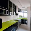 12 Fascinating Kitchen Trends with Fashionable Ideas for 2014: 2014 Narrow Kitchen Designs For Apartment Equipped With Microwave Wall Cabinet And Green Countertops With White Kitchen Backsplash