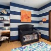 Fun Nursery Designs With Decorative Themes: Attractive Nursery Design Combined With Workspace Completed With Spectacular Black Cot Beds And Fish Rugs With Striped Walls