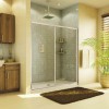Eye-catching Sliding Shower Doors for Elegant Bathroom: Awesome Interior Design For Bathrooms Accompanied With Sliding Glass Shower Door Near Brown Bath Mats And Plant Added With Wooden Bathroom Vanity