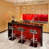 Surprising Modern Kitchen Design with Red and Beige Details: Awesome Kitchen Design Ideas Equipped With Red Backsplash And Beige Cabinets With 3 Wonderful Bar Stools