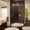 Eye-catching Sliding Shower Doors For Elegant Bathroom: Bathroom Design Near Bedroom Completed With 2 White Round Bath Mats And Sliding Glass Shower Door