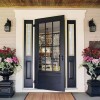 Marvelous Front Door Designs Revealing Adorable Home: Black Front Door With Glass Combined With Lovely Flowers Embellishing Stunning Home Design