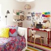 Catchy Teen Room Designs With Amusing Interior Decorations: Captivating Teenager Bedroom Equipped With Striped Rugs And White Pendant Light With Exciting Chair And Wall Shelves With Simple Desk