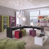 Idyllic Office Designs with Bright Interior Ideas: Colorful Interior Design Home Office Equipped With Two Marvellous Round Pendant Lamps Plus Gorgeous Filing Cabinets