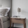 Stylish Nightstands Influenced By Nordic Furniture Designs: Enticing Wood Nightstand With Magnificent Small Table Lamp And Modern Gray Bed Frame Embellish Decorating A Small Bedroom