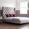 Amazing Headboard Designs With Creative Bedroom Ideas: Excellent Grey Headboard And Purple Cushions With Round Mirror On The Wall For Fantastic Bedroom Design Ideas