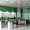 Idyllic Office Designs with Bright Interior Ideas: Extraordinary Design Ideas For Home Office Combined With Green Glass Wall And Wonderful Office Desk Plus Black Sideboard