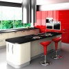 Captivating Kitchen Island with Impressive Seating Unit: Fabulous Red Kitchen Interior Design Completed With Red Kitchen Cabinets Combined With Two Red Bar Stools And Fascinating Kitchen Island