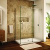 Eye-catching Sliding Shower Doors for Elegant Bathroom: Granite Shower Walls And Wooden Flooring In The Modern Bathroom Plus Wooden Sideboard And Sliding Glass Shower Door