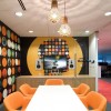 Idyllic Office Designs With Bright Interior Ideas: Incredible Meeting Room In The Contemporary Office With Orange Office Chairs And Entrancing Pendant Lights