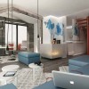 Captivating Simple Living Room Design In Bright Vision: Interesting Wall Stickers And Blue Sofa In The Living Room Apartment Combined With Hanging Light Bulbs Plus 3 White Small Tables