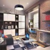 Teen Style for Home Interior Design: Living Room Combined With Workspace Equipped With Brick Wall And Blue Swivel Chair With Interesting Rug