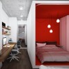 Alluring Ways to Keep Home Office Clean and Tidy: Narrow Home Office Design Collaborated With Attractive Red Bedroom Equipped With Two Comfortable Swivel Chairs And Floating Wood Desk