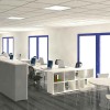 Idyllic Office Designs with Bright Interior Ideas: Office Interior Design Inspiration Embellished With White Office Desks And Blue Frame For Windows
