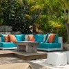 15 Appealing Outdoor Furniture for Chic Garden: Outdoor Wicker Sofa And Exciting Cushions With Stone Table For Outdoor Living Room Design