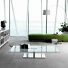 Appealing Coffee Glass Table With Contemporary Design: Rectangular Glass Coffee Table With Arch Floor Lamp As Well As Round Rugs And Green Bench For Contemporary Living Room Design
